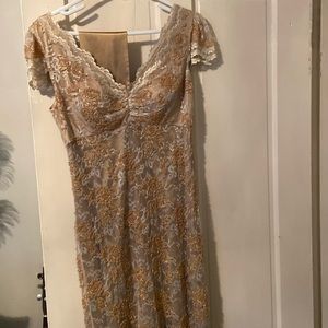 Beautiful beaded lace formal dress with satin sash